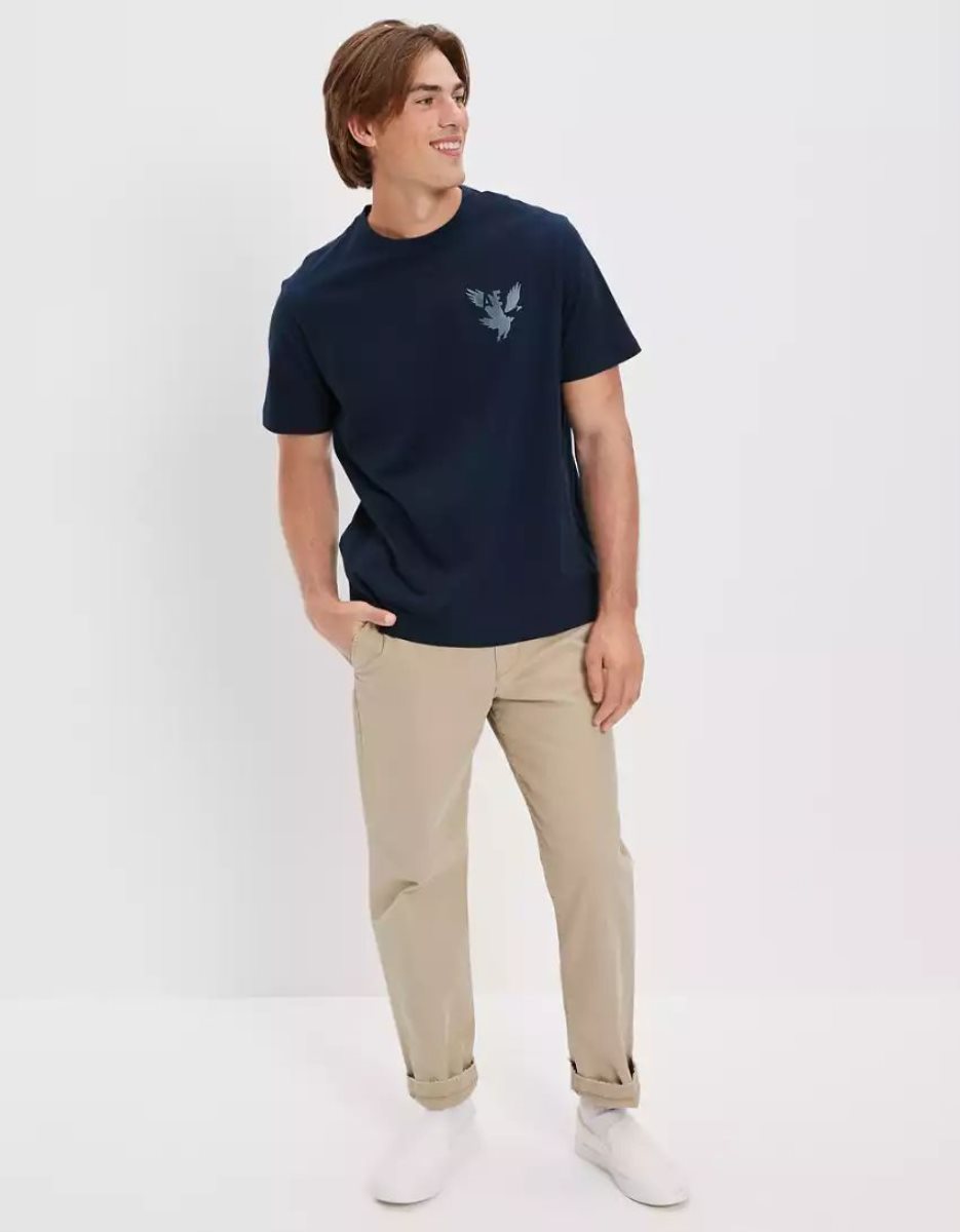 T Shirt Graphique American Eagle AE Super Soft Logo Bleu Marine Homme | HWH-85704546